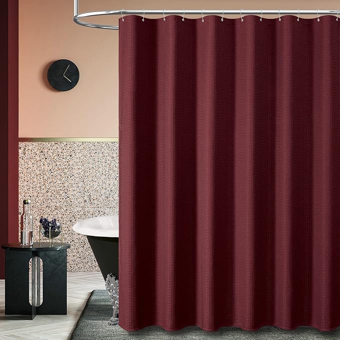 Dynamene Burgundy Fabric Shower Curtain - Waffle Weave Textured Heavy Duty Cloth Shower Curtains for Bathroom, 256GSM Hotel Luxury Weighted Bath Curtain Set with 12 Plastic Hooks,72x72, Burgundy