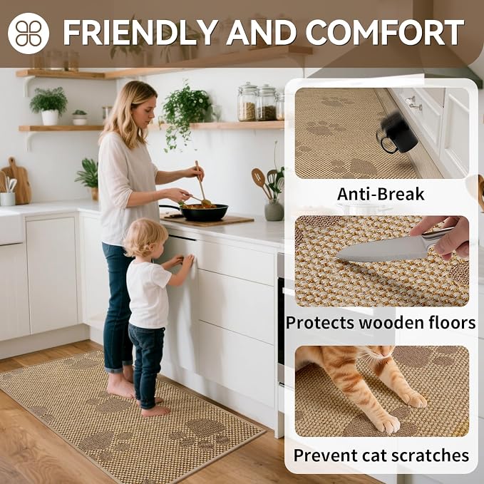 YDKGL Kitchen Mats for Floor, Super Absorbent Kitchen Rugs Non Slip Washable, Rubber Backing Soft Woven Linen Embroidery Runner Rug, Standing Mat Kitchen Sink Mat, Easy to Clean, Brown 17x47