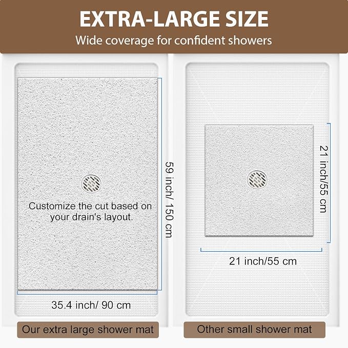 Shower Mat Non Slip: 59 x 34.5 Inch Extra Large Shower Mats for Inside Shower with Drain Hole - Soft PVC Loofah Anti Slip Shower Stall Mat for Walk-in Shower and Bathroom, Quick Drying