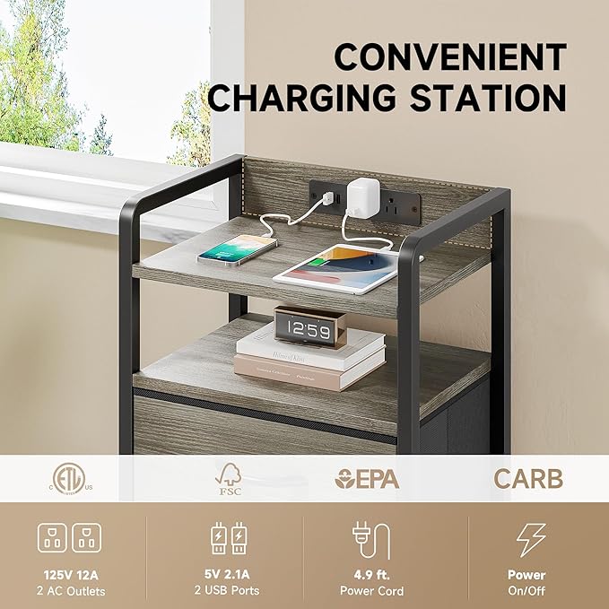 Lazzanto Night Stand with Charger Station - Grey Nightstand with LED Light Strip, Morden Bedside Table with USB Ports & AC Outlets, End Table with Storage Shelf & 3 Fabric Drawers