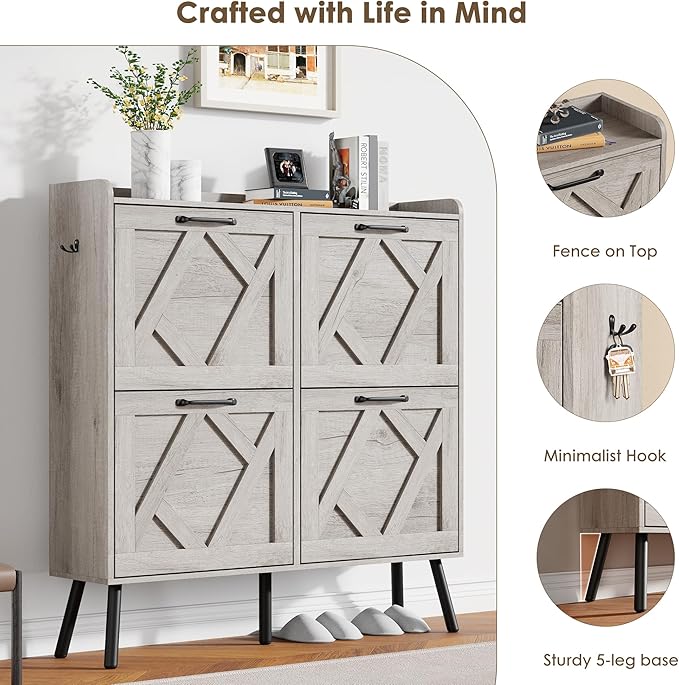 Nicetree Shoe Cabinet with 4 Flip Drawers, Freestanding Shoe Organizer Cabinet, Farmhouse Narrow Shoe Storage Cabinet for Entryway, Foyer, Hallway, Gray