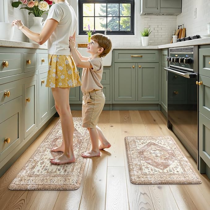 KIMODE Farmhouse Kitchen Mats Cushioned Anti Fatigue Khaki Kitchen Rugs Sets of 2, Non Slip Waterproof Kitchen Floor Mats, Ergonomic MemoryFoam Standing Mat for Laundry Room Decor, Office, Sink, Desk