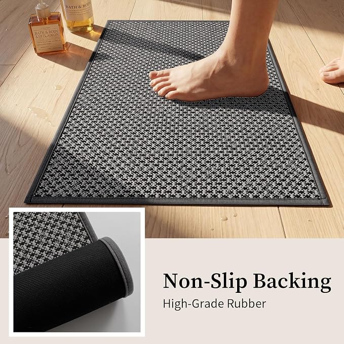 YIHOUSE Thin Bath Mat Dark Grey Bathroom Rugs Sets 3 Pieces, Non Slip Absorbent Bath Mats Quick Dry, Woven Braided Rugs Washable, Rubber Tapetes para Baño for Bathroom Toliet,Bathtub