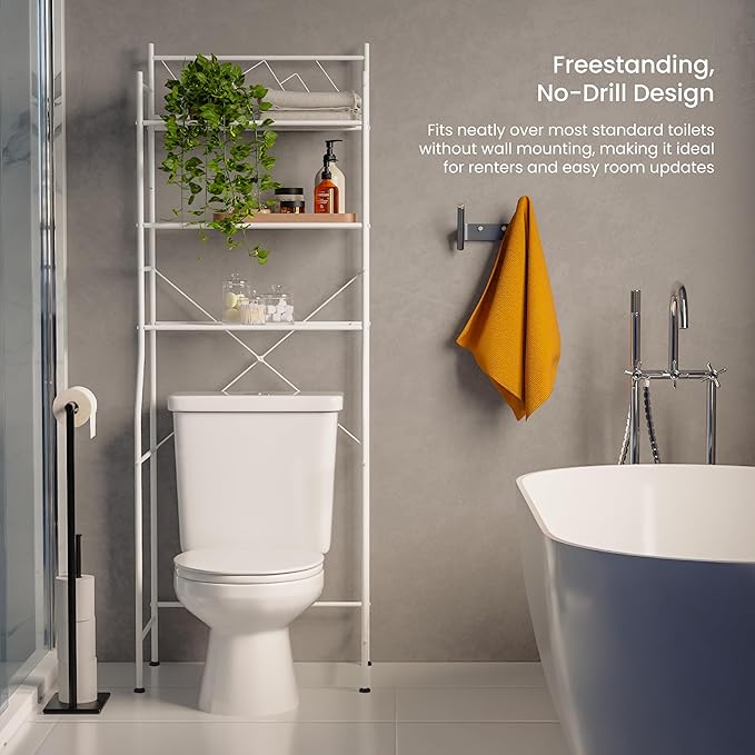 Home Zone Living Over the Toilet Bathroom Storage Organizer with 3 Tiers of Shelving Rack Space