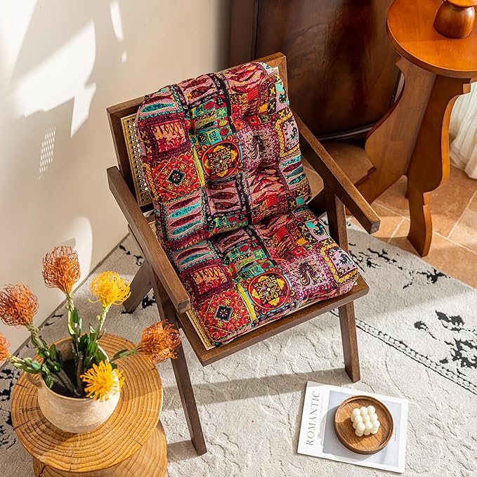 vctops Boho Chair Cushions with Ties Patchwork U-Shaped Soft Cozy Cotton Linen Chair Pads Non Slip Seat Cushions for Indoor Dining Room and Kitchen Chairs (Tan,18"x18")