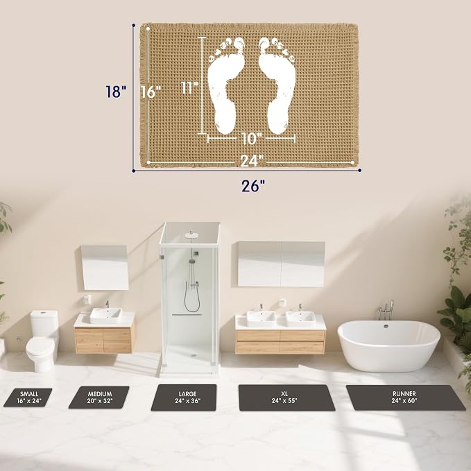 SUBRTEX Waffle Braided Bath Mat, 18" x 24" Soft Waffle Bath Rugs, Absorbent Non Slip Bathrooom Mats, Machine Washable Area Rug for Bathroom, Quick Dry, Khaki