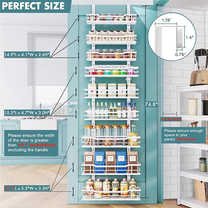 Eastherry Over The Door Pantry Organizer，9-Tier Over The Door Organizer with Adjustable Basket，Metal Hanging Pantry Organizers and Storage for Kitchen, Back of Door Seasoning Rack