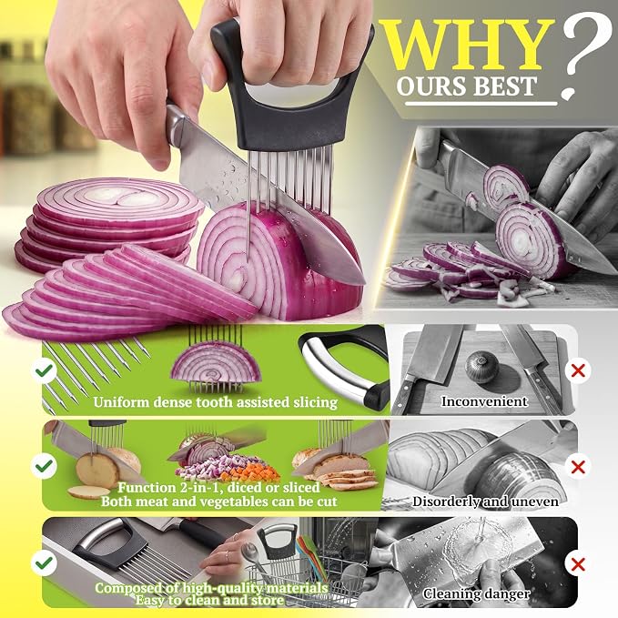 JAYVAR Onion Holder for Slicing,304 Stainless Steel Onion Slice Holder with 10 Long Needles,Onions Cutter Vegetable Chopper,Onions Chopper Tool,Food Slicing Guide for Neat Slicing,Tomato Potato Cutter