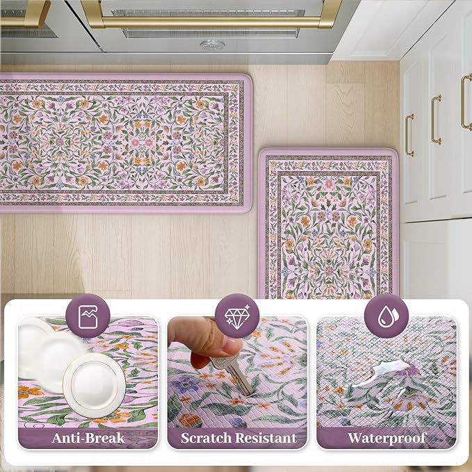 KIMODE Anti Fatigue Kitchen Mat, Cushioned Boho Kitchen Rugs Sets of 2, Farmhouse Kitchen Mats for Floor Non Slip, Waterproof Standing Desk Mats for Laundry Office Sink Purple 17.3"x29"+17.3"x47"
