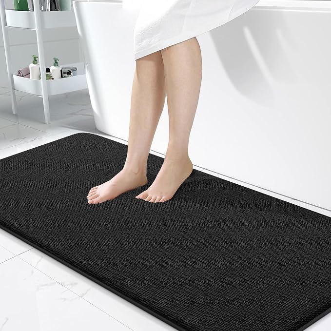 OLANLY Thick Memory Foam Bathroom Runner Rugs 47x24, Extra Soft Absorbent Long Bath Rug, Quick Dry Bath Mats, Non-Slip, Machine Washable Mat for Bathroom, Tub and Shower, Home Decor Accessories, Black
