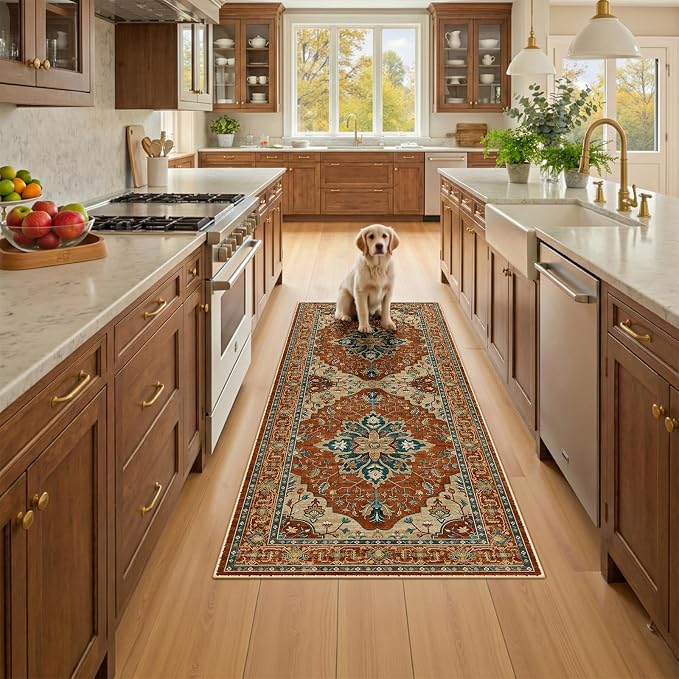 RELEANY Area Rugs Runner 2'x5' Washable Non-Slip, Floral Vintage Distress Medallion Carpet for Kitchen Hallway Bedroom Beside Laundry Room Bathroom, Red Orange Blue Brown