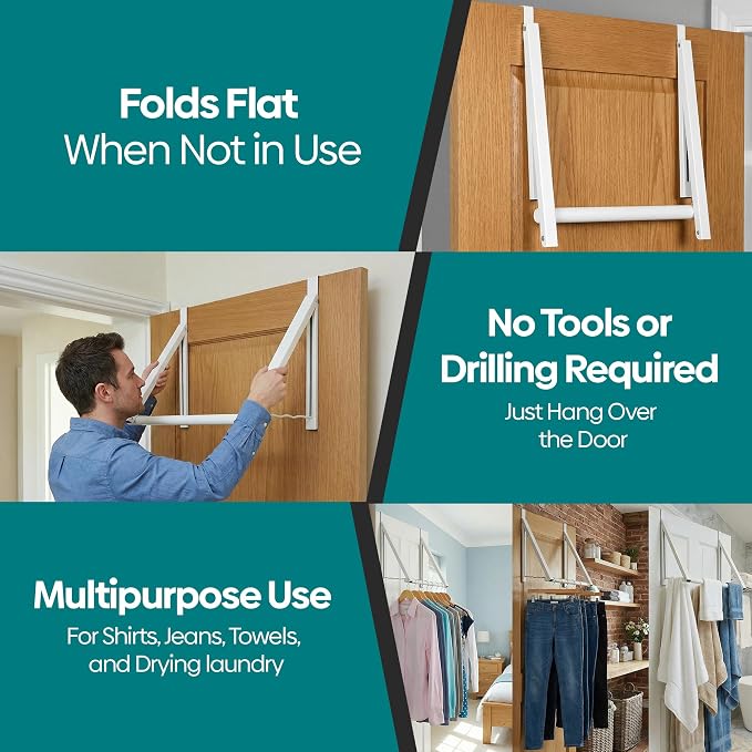HOLDN’ STORAGE Over The Door Hanger Foldable - Over The Door Rack for Hanging Towels, Coats & Clothes - Over The Door Hanger Hooks for Bedroom, Washroom and Office.