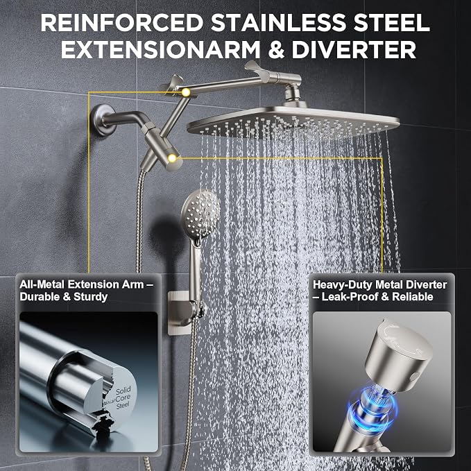 Veken 11.8" Rain Shower Head with Handheld, High Pressure Handheld Shower with Multi Spray Modes, Rainfall Combo with Metal Extension Arm, Detachable Dual Showerhead, Bathroom Decor, Starlight
