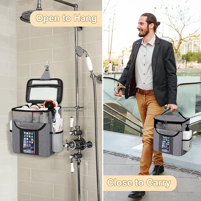 Attmu Shower Caddy Portable for Dorm Room Essentials, Hanging Shower Bag for College, Large Capacity Mesh Shower Caddy for Bath Essentials (Gray)