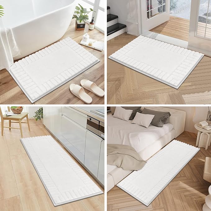 Pauwer Bathroom Rugs Sets 3 Piece Bathroom Shower Rugs with U-Shaped Contour Toilet Mat Absorbent Microfiber Plush Bath Mats Non Slip Bath Rug Machine Washable Shaggy Bath Mat Set, White