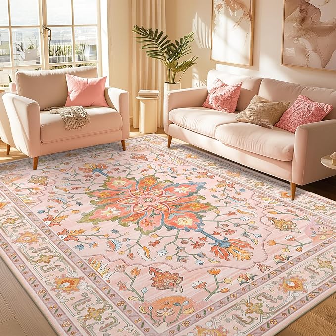 RELEANY Area Rugs 5'x7' Washable Non-Slip, Floral Vintage Distress Medallion Carpet for Living Room Bedroom Dining Room, Light Pink Colorful