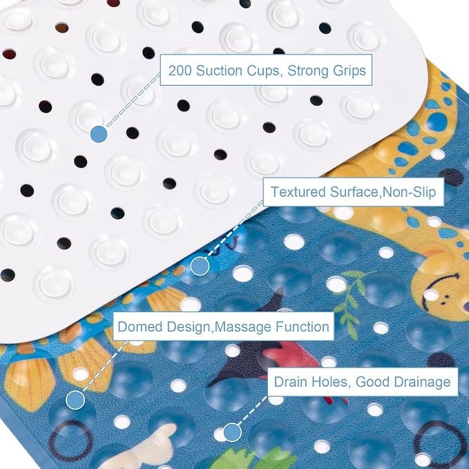 Topotdor Baby Bath Mat, Cartoon Bath Mat for Tub Non Slip Kids, 40x16 Inch Extra Long Toddler Bathtub Mat with Drain Holes & Suction Cups, Machine Washable Anti-Slip Shower Mat, Dinosaur