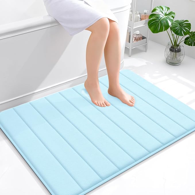 OLANLY Memory Foam Bath Mat 40x32, Super Soft Absorbent Bathroom Rugs, Quick Dry, Machine Washable Shower Floor Rugs, Bathmat Carpet, Bathroom Home Decor Accessories, Sky Blue