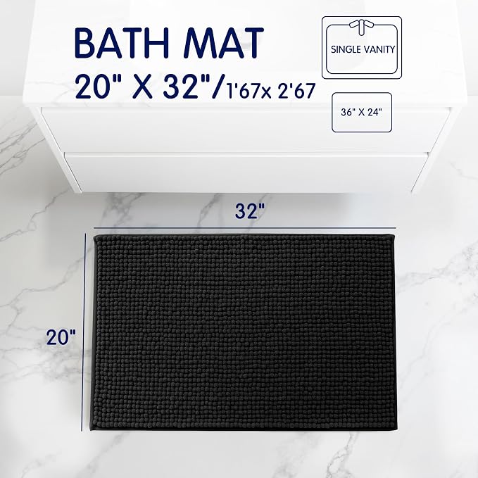 SUBRTEX Bathroom Rugs, 20" x 32" Chenille Bath Rug Soft Short Plush Bath Mat Soft Shower Mat Water Absorbent Shower Mat Quick Dry Machine Washable, Black