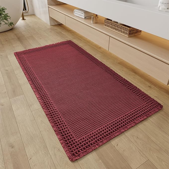 RESARE Waffle Bathroom Runner Rugs, Super Absorbent Bath Mat Non Slip Washable Quick Dry, Upgraded Ultra Soft Boho Bath Rugs with Tassels, Farmhouse Home Decor Accessories, 2'x4'(24"x48") Dark Red