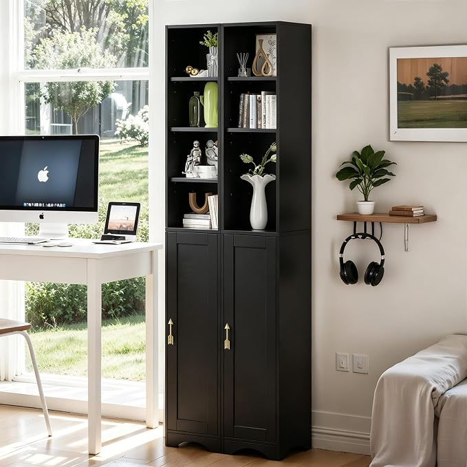 VECELO 71" Tall Narrow Storage Cabinet, Bathroom Storage Slim Freestanding Cabinet with Door & 6 Adjustable Shelves, Anti-Tip Design for Small Space, Kitchen, Living Room, Black