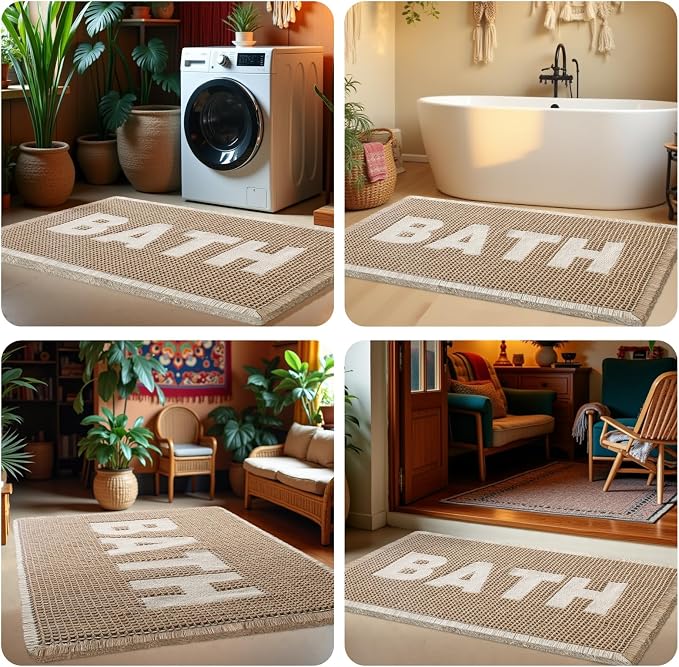 Waffle Bath Mat, Boho Woven Modern Bath Rug Absorbent Non Slip, Ultra Soft Bathroom Mats, Machine Washable Knit Bath Rugs with Bath Letter for Bathroom, Bedroom, Kitchen, Tub, 36"x24", Beige & White