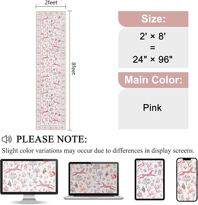 DUKINO Runner Rug, 2x8 Washable Kitchen Rugs for Hallways with Non Slip Backing, Soft Low Pile Vintage Animal Runner for Kitchen, Hallway, Entryway, Laundry, Bedroom, Pink