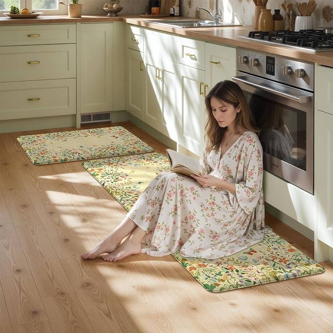 KIMODE Anti Fatigue Kitchen Mats for Floor 20"x59"+20"x32", Cushioned Farmhouse Kitchen Rugs, Non Slip Waterproof Kitchen Floor Mats, Comfort Standing Mats for Laundry Office Sink Desk Brown