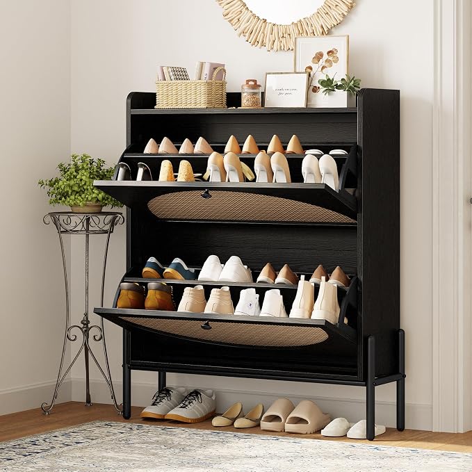 IRONCK Shoe Cabinet Storage with 2 Flip Drawers, Free Standing Wooden Shoe Storage Organizer Cabinet with Rattan Doors for Entryway, Narrow Shoe Rack Cabinet, Black