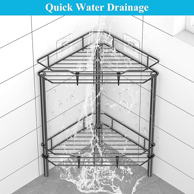 HuggieGems 2 Tier Floor Standing Corner Shower Caddy Organizer Shelf with Hooks, Bathroom Shelves Stand Rack, Black