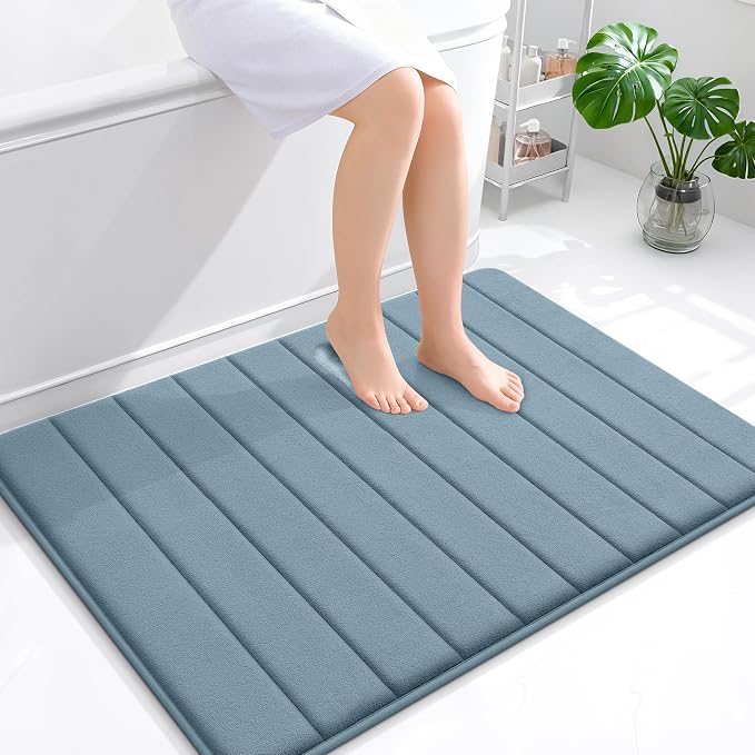 OLANLY Memory Foam Bath Mat 40x32, Super Soft Absorbent Bathroom Rugs, Quick Dry, Machine Washable Shower Floor Rugs, Bathmat Carpet, Bathroom Home Decor Accessories, Airy Blue