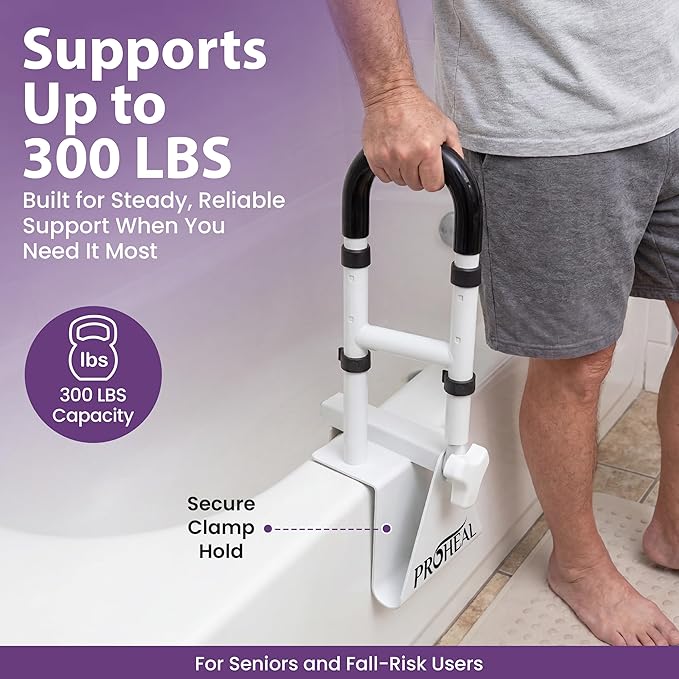 Bathtub Grab Bar for Seniors, Shower Safety Rail, Non-Slip Stainless Steel Handle, Fits 3"-7" Tub Walls, Supports 300 LBS, Adjustable Height 14.5"-17", Tool-Free Clamp-On Install - ProHeal