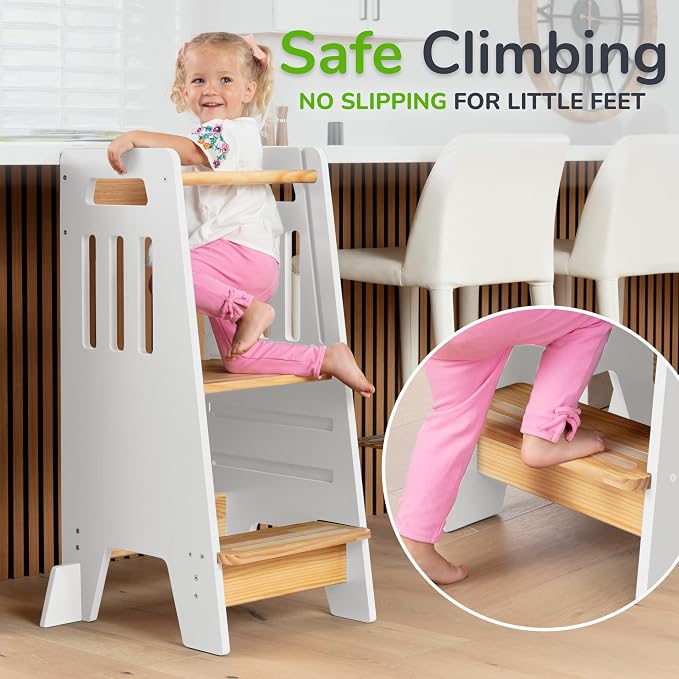 OCODILE Toddler Tower with a Sliding Door and 3 Adjustable Heights - Safe Toddler Kitchen Step Helper with Support Feet - Updated Design for 18+ Months to 6-Year-Old Kids - White