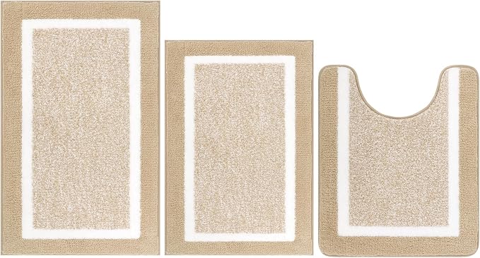 Pauwer Bathroom Rugs Sets 3 Piece Bathroom Shower Rugs with U-Shaped Contour Toilet Mat Absorbent Microfiber Plush Bath Mats Non Slip Bath Rugs Machine Washable Shaggy Bath Floor Mats