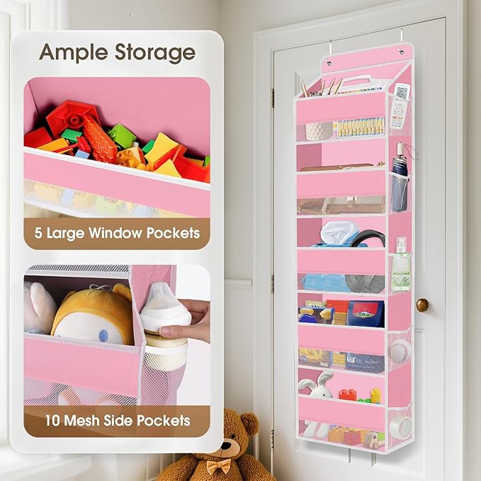 SpaceHacks 2 Pack Over The Door Organizer Hanging Storage Organizers with Clear Window 40lb Large Capacity Room Organizer for Pantry Laundry Bathroom Nursery Closet(Pink)