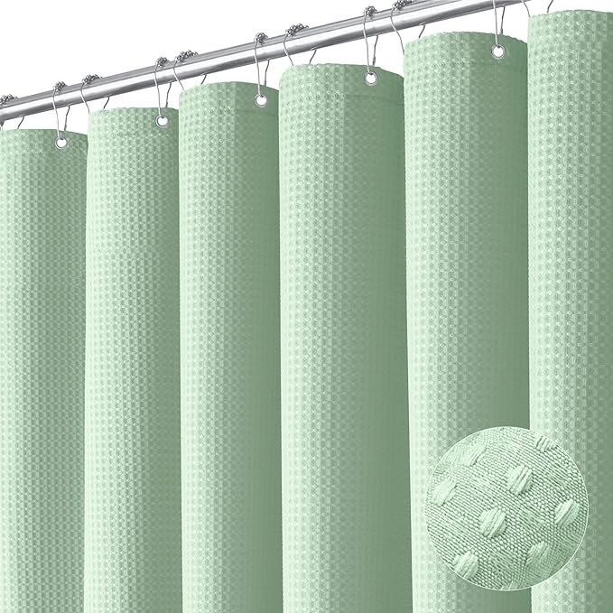 Dynamene Mint Green Fabric Shower Curtain - Waffle Weave Textured Heavy Duty Cloth Shower Curtains for Bathroom, 256GSM Hotel Luxury Weighted Bath Curtain Set with 12 Hooks,72x72, Mint Green