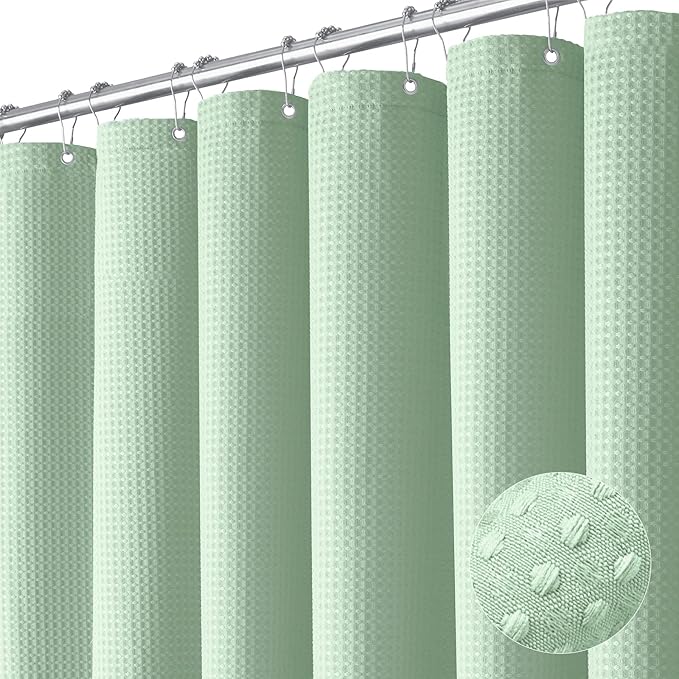 Dynamene Extra Long Shower Curtain - 84 Inch Long Waffle Weave Heavy Duty Fabric Bathroom Shower Curtain, Neutral Weighted Hotel Thick Bath Curtain Set with 12 Plastic Hooks,72x84, Mint Green