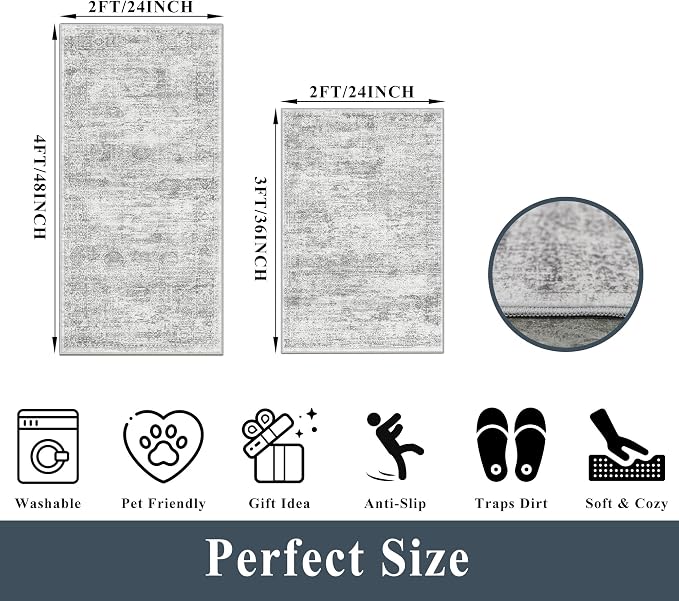 Kitchen Mats for Floor 2 Piece, Non Slip Washable Kitchen Rugs Sets for Floor, Soft Low Pile Kitchen Area Rug for Kitchen Sink Laundry Entryway (Grey Ivory, 2x3+2x4)