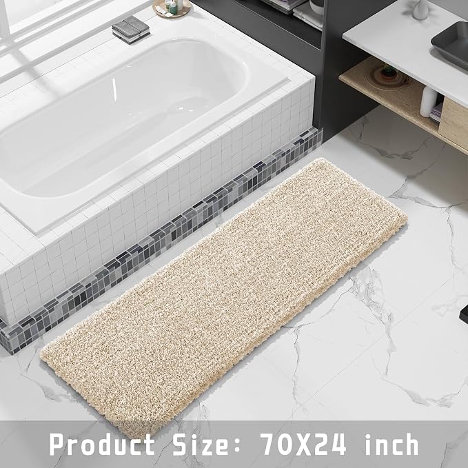 Yimobra Luxury Bathroom Rugs, Fluffy Bath Mats, Non Slip, Water Absorbent Microfiber, Machine Washable, Plush Runner Shower Rugs, Thick Matts for Bathroom Floor/Tub, 70" X 24", Light Beige and White