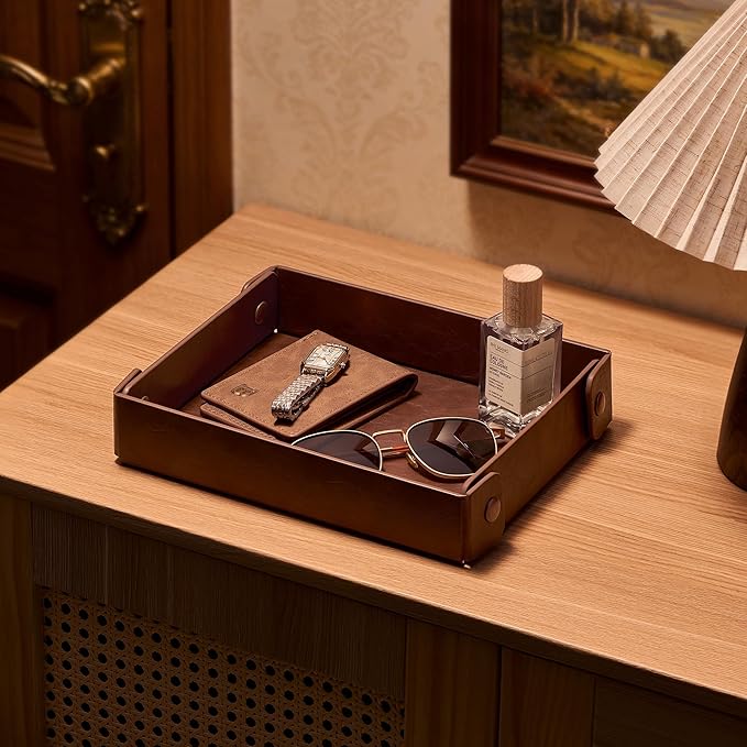Catch All Valet Tray - EDC Organizer for Key, Wallet, Watch, Jewelry, Phone, coin change | Faux Leather Storage Tray for Dresser, Nightstand, Desk, Entryway, Travel Storage | Brown
