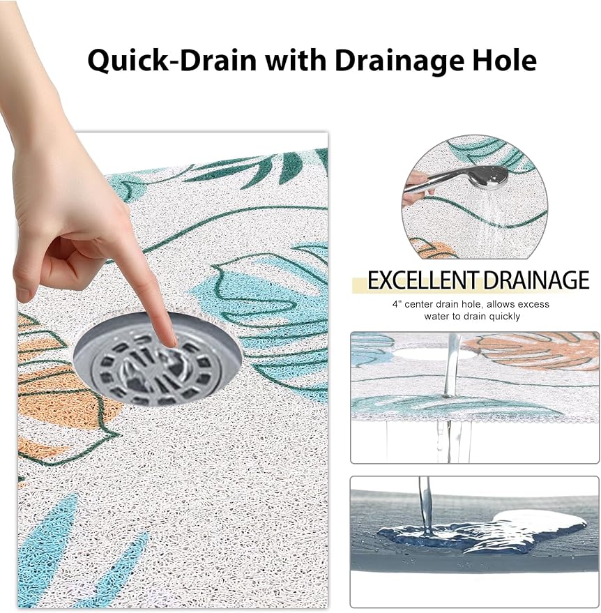Square Shower Mat, Yonala 32 x 32 Inch Stylish Non Slip Shower Mats for Inside Shower with Central Drain Hole, Soft Trimmable PVC Loofah Anti Slip Shower Mat for Walk in Shower Stall, Quick Drying
