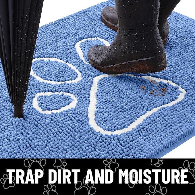 Smiry Dog Door Mat for Muddy Paws, Absorbent Dirt Trapper Non Slip Quick Dry Washable Chenille Mat for Mud Dogs, Entry Rug for Indoor and Outdoor (40x32 Inches, Cornflower Blue and White)