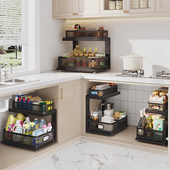 1 Pack 15IN-Depth Under Sink Organizer with Next-Gen Ball-Bearing Slides,2-Tier Precision Mesh Pull Out Cabinet Storage for Bathroom&Kitchen,Height Adjustable Drawers Shelf,Anti-Rust-Black