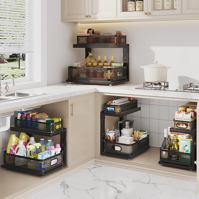 2 Pack Under Sink Organizer With Next-Gen Ball-Bearing Slides,2-Tier Precision Mesh Pull Out Cabinet Shelf Storage for Bathroom&Kitchen,Slide Out Drawers Height Adjustable,Rust-resistant