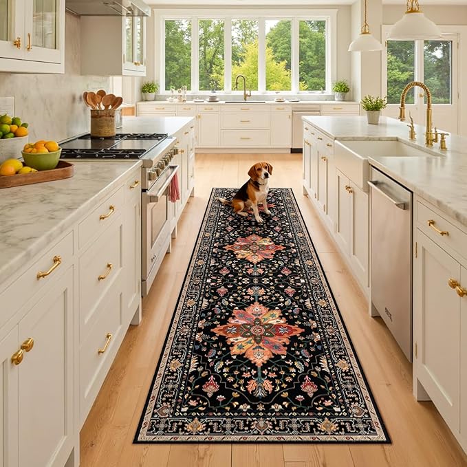 RELEANY Area Rugs Runner 2'6"x8' Washable Non-Slip, Floral Vintage Distress Medallion Carpet for Kitchen Hallway Bedroom Beside Laundry Room Bathroom, Black Colorful Floral Dark Tan