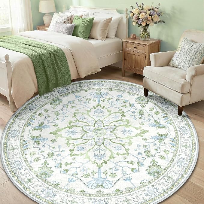 RELEANY Area Rugs Round 6ft Washable Non-Slip, Floral Vintage Distress Medallion Carpet for Living Room Bedroom Dining Room, Green White Blue