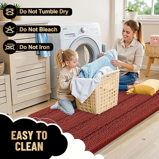 OLANLY Thick Bathroom Runner Rugs 44x24, Absorbent Chenille Striped Bath Rugs, Rubber Backing, Machine Wash, Long Bath Mats for Bathroom, Tub and Shower, Home Decor Accessories, Rustic Terracotta
