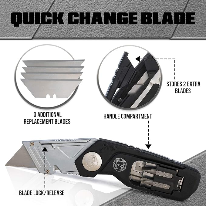 Folding Utility Knife & Box Cutter Combo with Screwdriver Bits, Wire Stripper, Quick-Change Blades, Belt Clip & Refills - Versatile Everyday Carry Tool