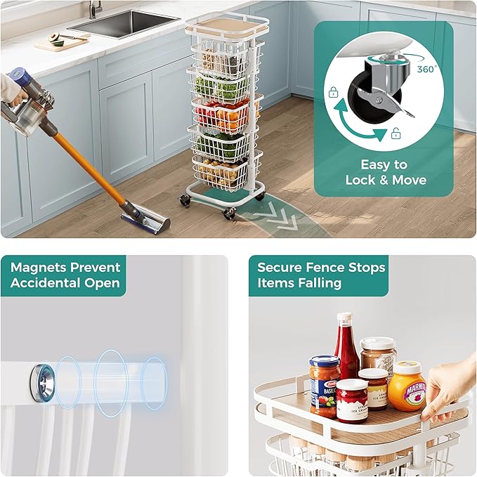 5 Tier Kitchen Fruit Vegetable Storage Cart with Rotating Basket, Rolling Rack Shelf Organizer Floor Stand on Wheel for Snack Spice Produce Veggie Onion Potato Bin, Vianderos Para Cocina, White