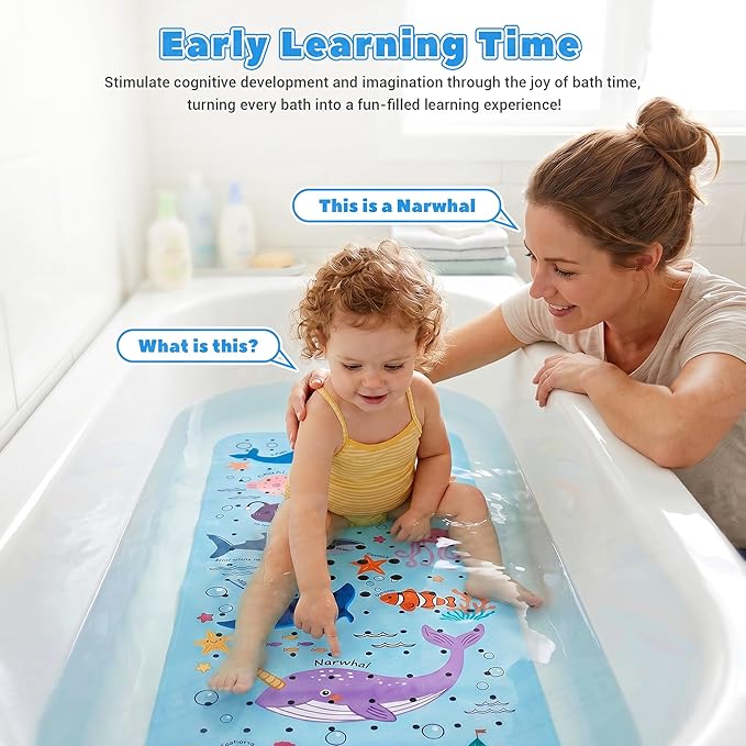 UNEEDE Baby Bathtub Mat Non Slip with 200 Suction Cups & 176 Drain Holes, 40''x16'' Quick Dry Bath Mat, Machine Washable Shower Mat for Toddlers & Kids, Ocean Pattern